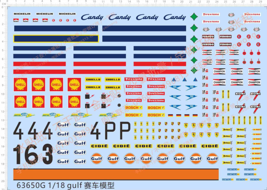 1/18 Scale Racing Car Markings Logo Nubmer Gulf Water Slide Decals for Model Kits 63650G