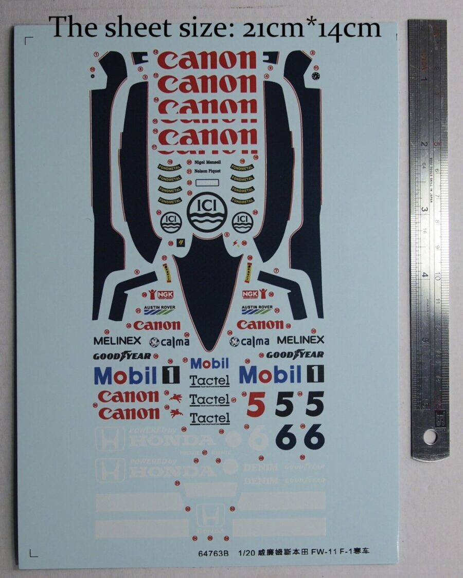 1/20 Scale Decals for F1 Williams FW-11 Car Model Kit 64763B