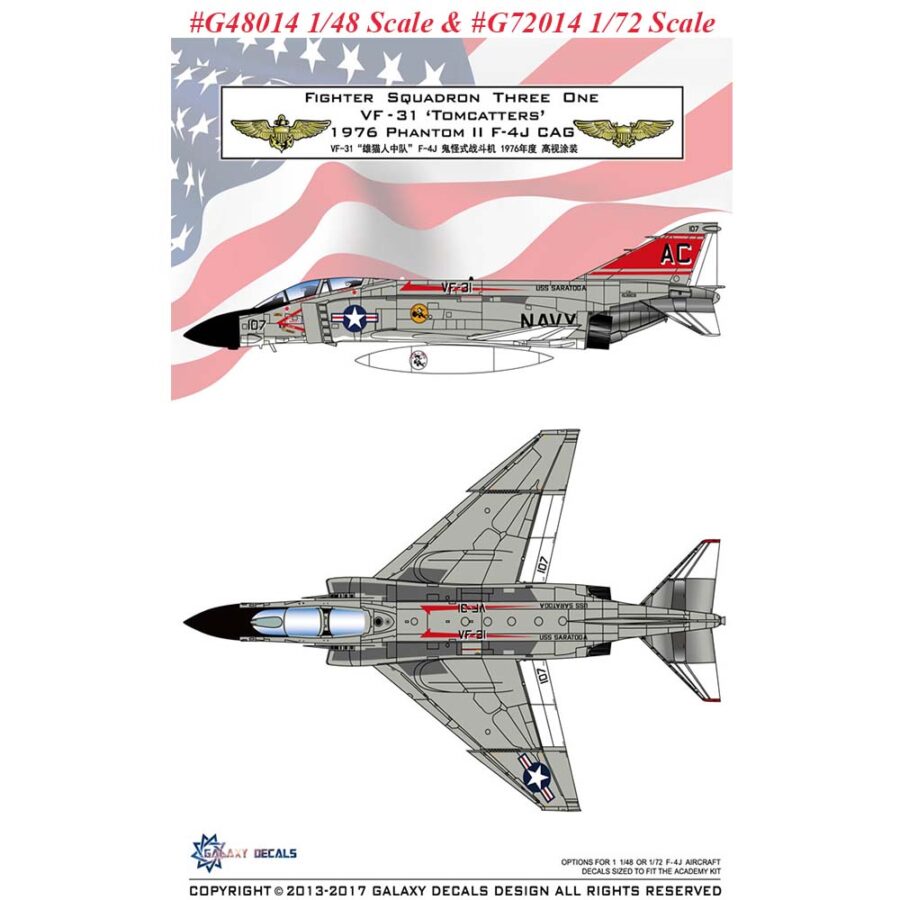 GALAXY Model G48014 G72014 1/48 /172 Scale F-4J VF-31 Tomcatters 1976 Decal for Academy Model