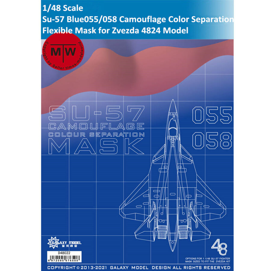 Galaxy D48022 1/48 Scale Russian Su-57 Fifth Generation Fighter Blue055/058 Camouflage Color Separation Flexible Mask for Zvezda APT.4824 Model