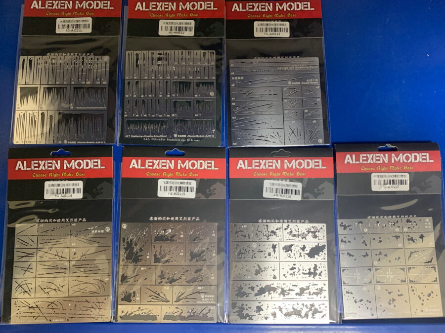 Alexen AJ0111+AJ0112+AJ0113+AJ0114+AJ0115+AJ0116+AJ0117 Leakage Spray Stenciling Template Aging Assistant Tools for 1/32 1/35 1/100 Scale Model