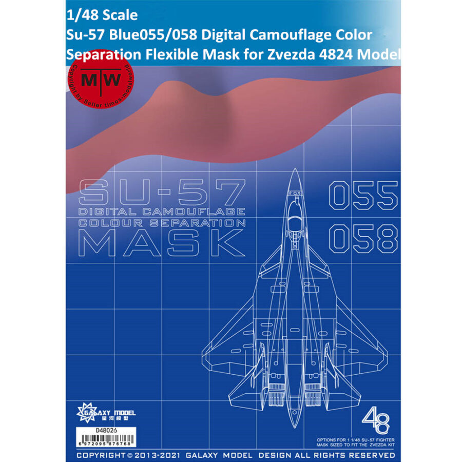 Galaxy D48026 1/48 Scale Russian Su-57 Fifth Generation Fighter Blue055/058 Digital Camouflage Color Separation Flexible Mask for Zvezda 4824 Model